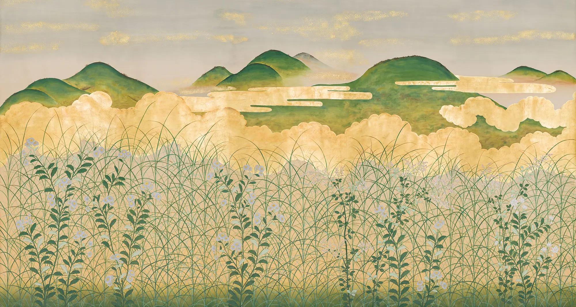 Обои ручная роспись The Plain of Musashi Original colourway on painted Xuan paper with gold ombre Обои ручная роспись The Plain of Musashi Original colourway on painted Xuan paper with gold ombre - постер Loft-Concept в Костроме