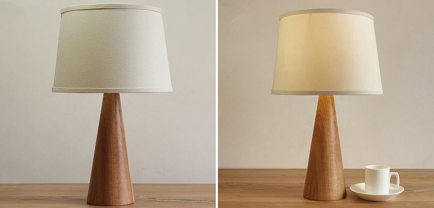 Настольный светильник с трапециевидным текстильным абажуром на коническом основании из цельного дерева SARAS TAB - фото