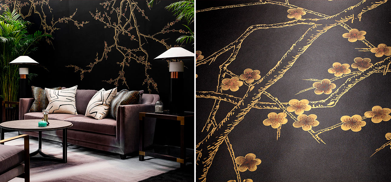 Обои ручная роспись Plum Blossom Colourway SC-226 on black painted silk - фото