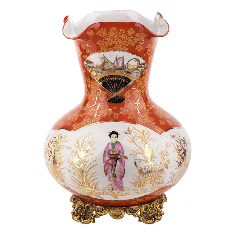 Ваза красного цвета с рисунком Chinoiserie Ceramics Белый Красный Бронза Ваза красного цвета с рисунком Chinoiserie Ceramics Белый Красный Бронза в Костроме | Loft Concept