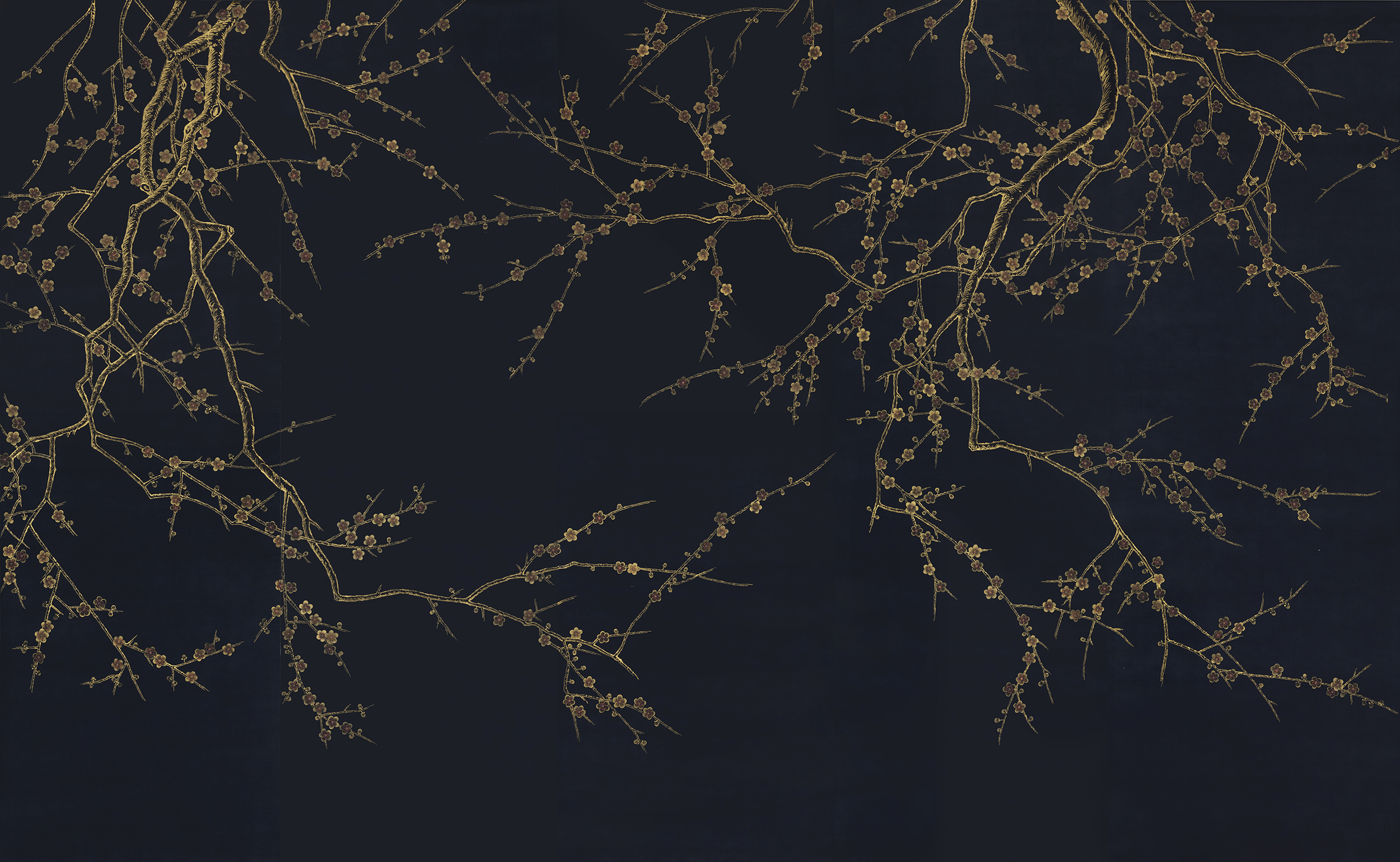 Обои ручная роспись Plum Blossom Colourway SC-226 on black painted silk Обои ручная роспись Plum Blossom Colourway SC-226 on black painted silk - постер Loft-Concept в Костроме