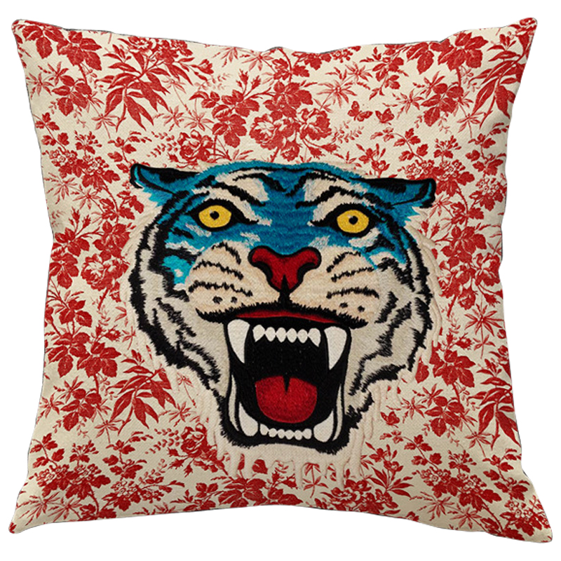 Декоративная подушка Стиль Gucci Blue Tiger Красный Бежевый Голубой Мульти Декоративная подушка Стиль Gucci Blue Tiger Красный Бежевый Голубой Мульти в Костроме | Loft Concept