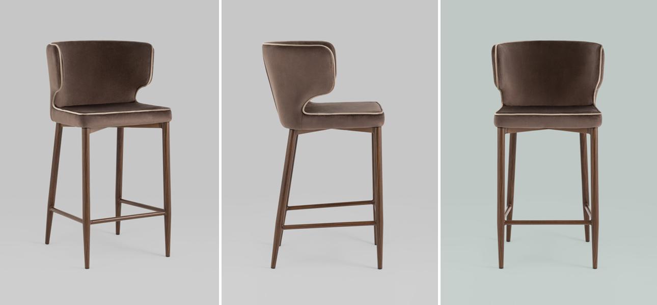 Стул Полубарный Chair посадка 65 см Коричневый Велюр с Белым Кантом - фото