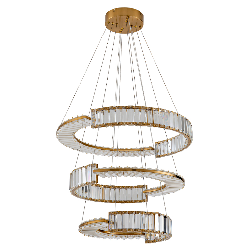 Светодиодная трехъярусная кольцевая люстра из хрусталя и стали с пультом для регулировки света Maude Crystal Light Латунь Прозрачный в Костроме | Loft Concept 