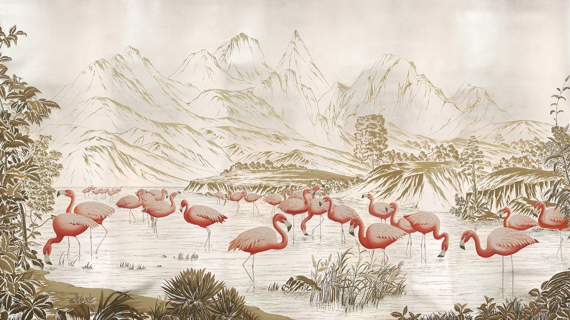 Обои ручная роспись Flamingos Flamingo on Tarnished Silver gilded Xuan paper Обои ручная роспись Flamingos Flamingo on Tarnished Silver gilded Xuan paper - постер Loft-Concept в Костроме