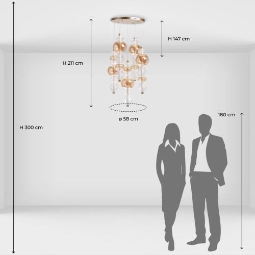 Люстра с плафонами из прозрачного и янтарного стекла в виде шаров и ромбов Gabriel Scott Luna в Костроме