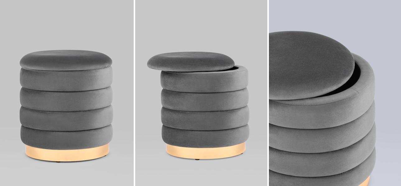 Пуф с ящиком Charlotte серый Glossy Velor - фото