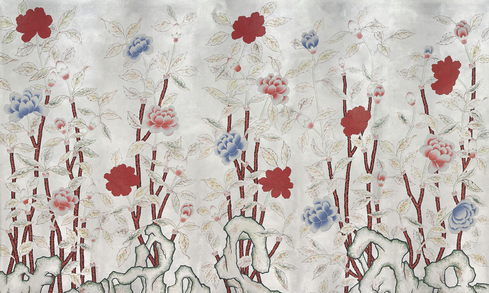 Обои ручная роспись Korean Peony Original colourway on Ocean Silver gilded silk with pearlescent antiquing Обои ручная роспись Korean Peony Original colourway on Ocean Silver gilded silk with pearlescent antiquing - постер Loft-Concept в Костроме