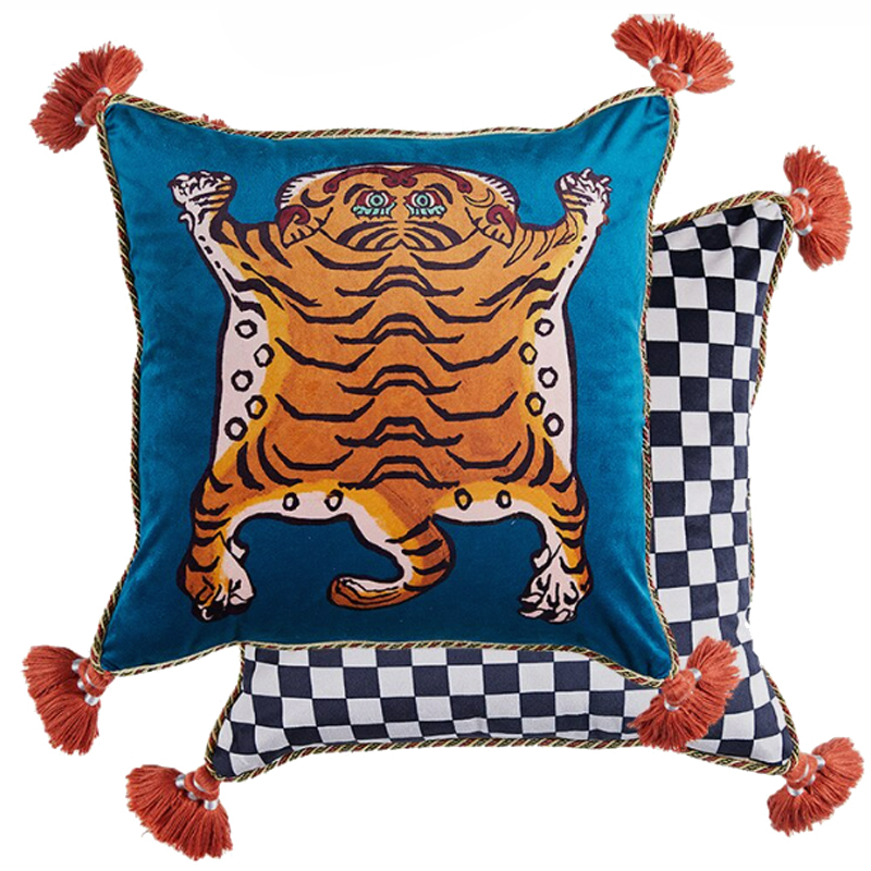 Синяя Подушка Тибетский Тигр TIBETAN TIGER Бежевый Синий Синяя Подушка Тибетский Тигр TIBETAN TIGER Бежевый Синий в Костроме | Loft Concept