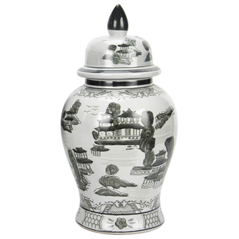 Ваза с крышкой Chinoiserie Ceramics Village Vase Серый Белый Ваза с крышкой Chinoiserie Ceramics Village Vase Серый Белый в Костроме | Loft Concept