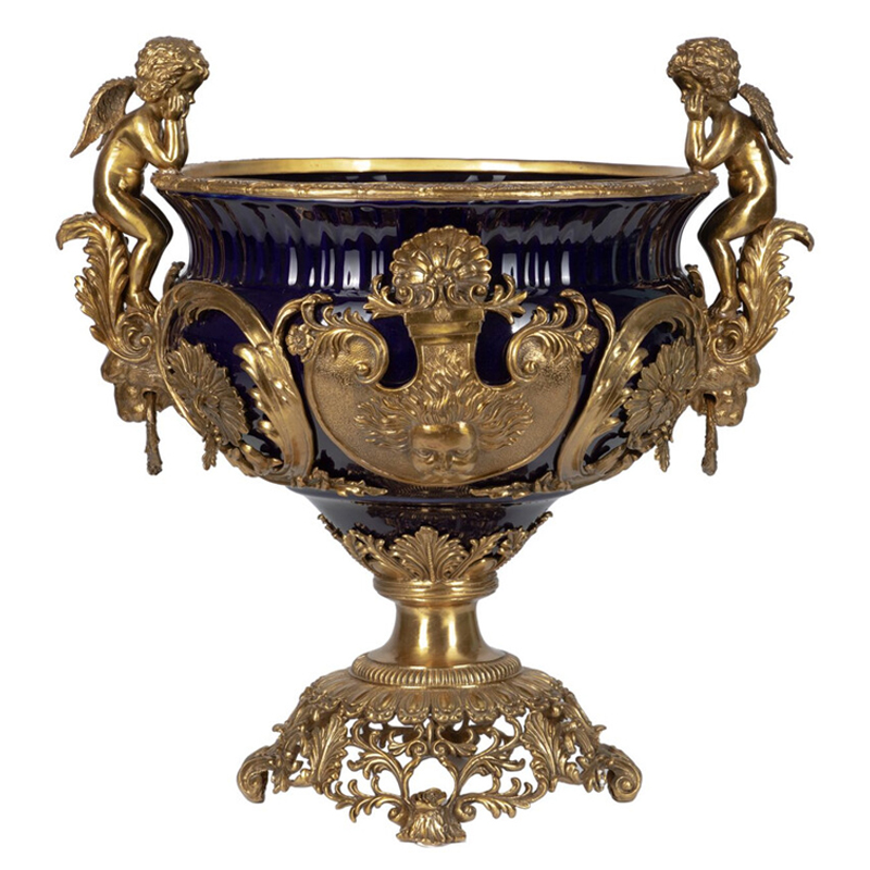 Чаша темно-синего цвета с фигурками ангелов и рельефным декором Eden Garden porcelain and bronze Темно-синий Бронза Чаша темно-синего цвета с фигурками ангелов и рельефным декором Eden Garden porcelain and bronze Темно-синий Бронза в Костроме | Loft Concept