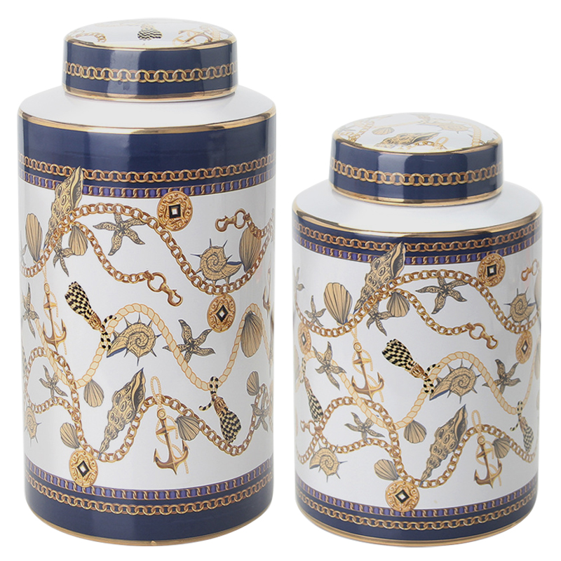 Ваза с крышкой Marine Motif Vase Белый Синий Золотой Бежевый Ваза с крышкой Marine Motif Vase Белый Синий Золотой Бежевый в Костроме | Loft Concept