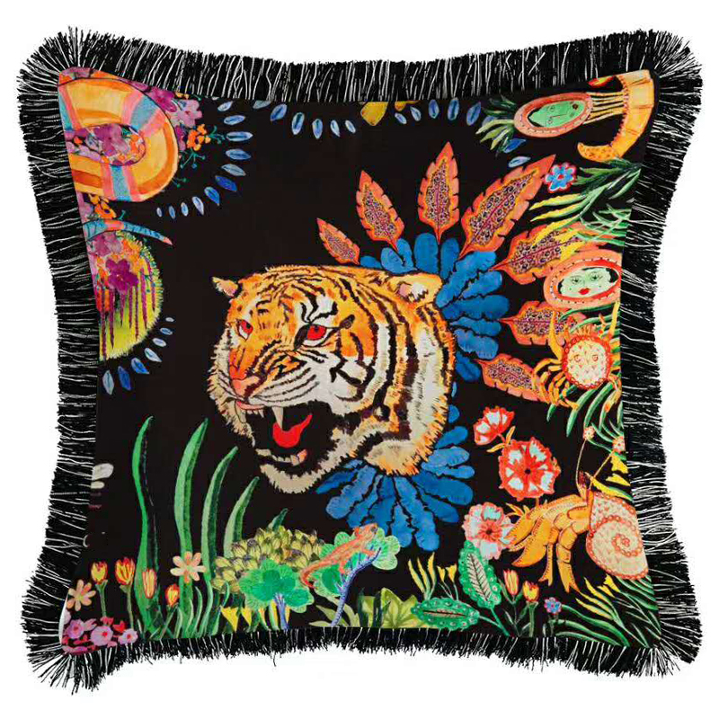 Декоративная подушка Cтиль Gucci Flower Tiger Черный Мульти Декоративная подушка Cтиль Gucci Flower Tiger Черный Мульти в Костроме | Loft Concept