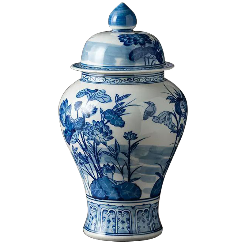 Ваза с крышкой Ceramic Blue Flowers and Bird Vase Белый Синий Ваза с крышкой Ceramic Blue Flowers and Bird Vase Белый Синий в Костроме | Loft Concept