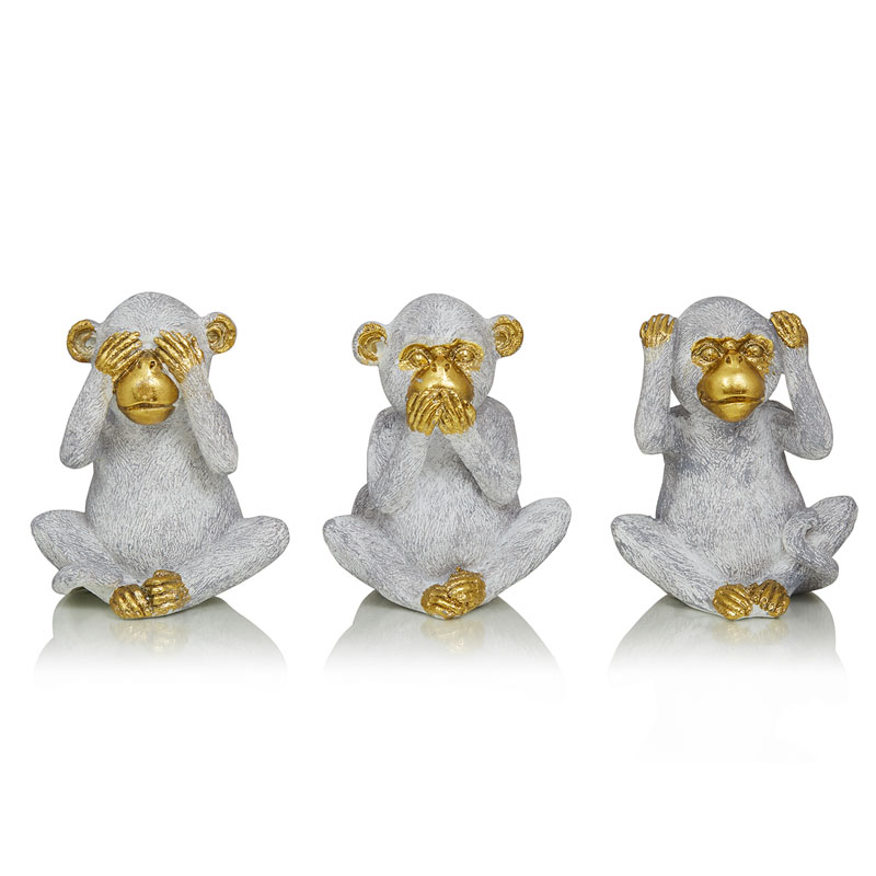 Комплект из 3-х статуэток Three Monkeys Серый Золотой Комплект из 3-х статуэток Three Monkeys Серый Золотой в Костроме | Loft Concept