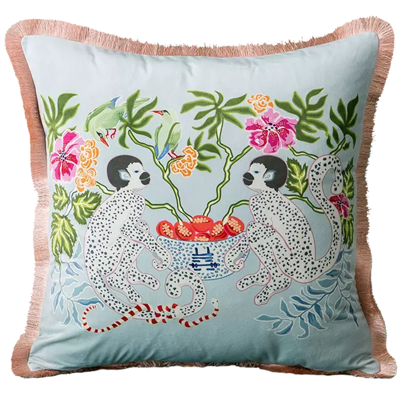 Декоративная подушка Two Monkeys on Blue Cushion Голубой Мульти Декоративная подушка Two Monkeys on Blue Cushion Голубой Мульти в Костроме | Loft Concept