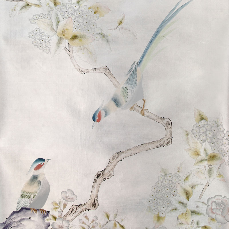 Обои ручная роспись Japanese Garden Special Colourway on Ocean Silver gilded silk Обои ручная роспись Japanese Garden Special Colourway on Ocean Silver gilded silk в Костроме | Loft Concept