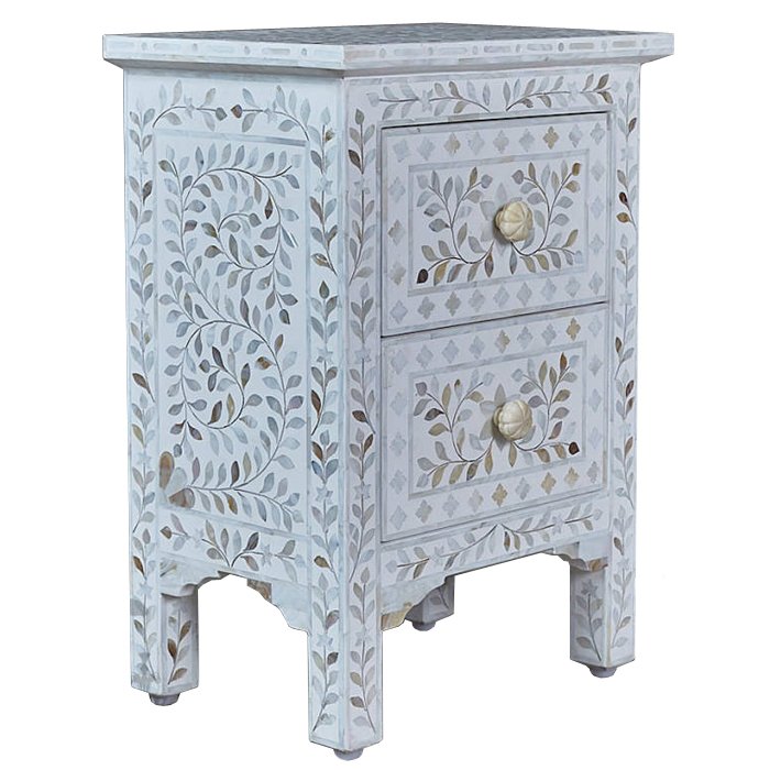 Тумба инкрустация перламутром Inlaid Bone White c 2 ящиками Белый Голубой пастельный Тумба инкрустация перламутром Inlaid Bone White c 2 ящиками Белый Голубой пастельный в Костроме | Loft Concept
