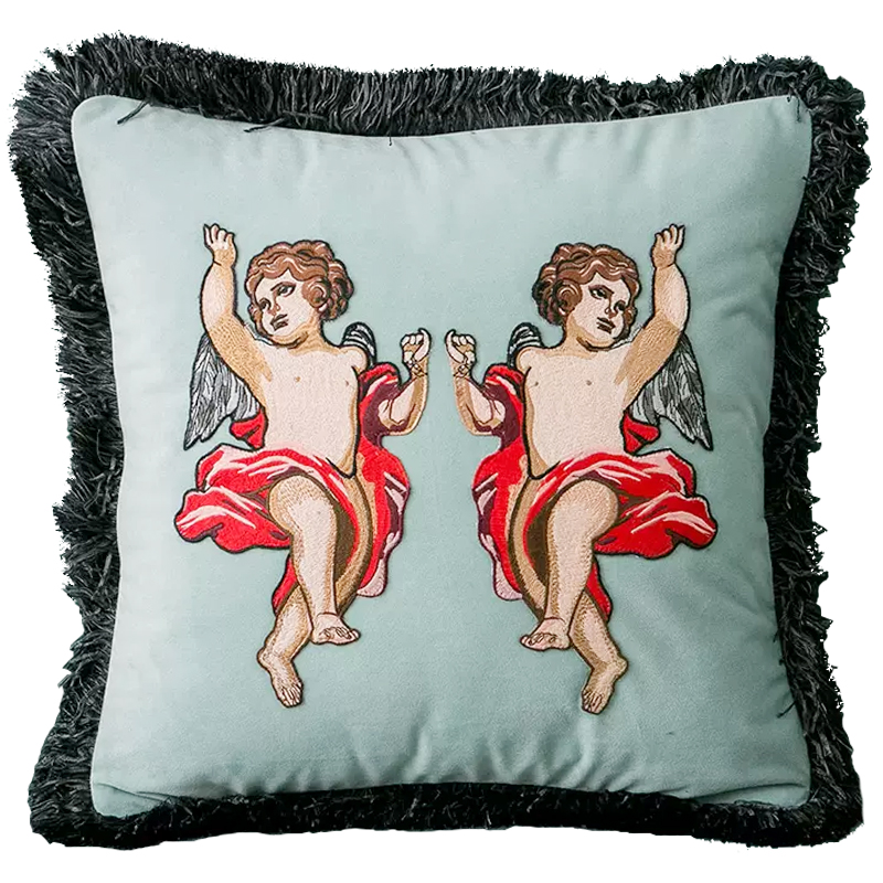 Декоративная подушка с вышивкой Стиль Gucci Angels Cushion Мятный Серый Бежевый Красный Декоративная подушка с вышивкой Стиль Gucci Angels Cushion Мятный Серый Бежевый Красный в Костроме | Loft Concept