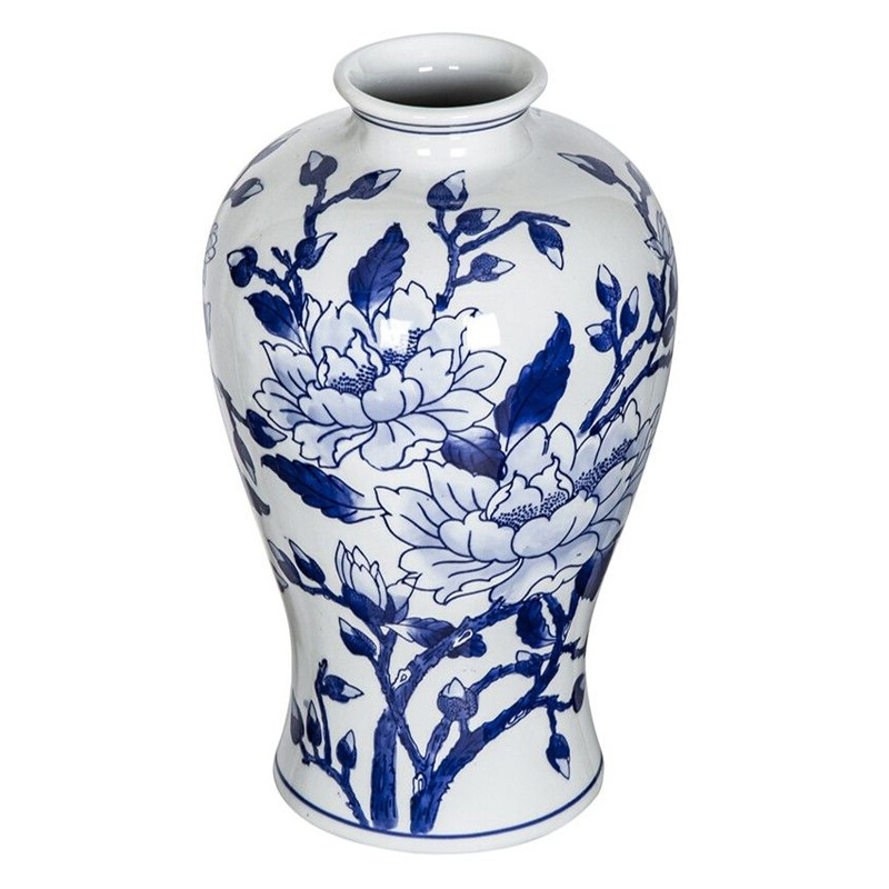 Ваза с бело-синей росписью и изображением цветов Blue & White Ornament Белый Синий Ваза с бело-синей росписью и изображением цветов Blue & White Ornament Белый Синий в Костроме | Loft Concept