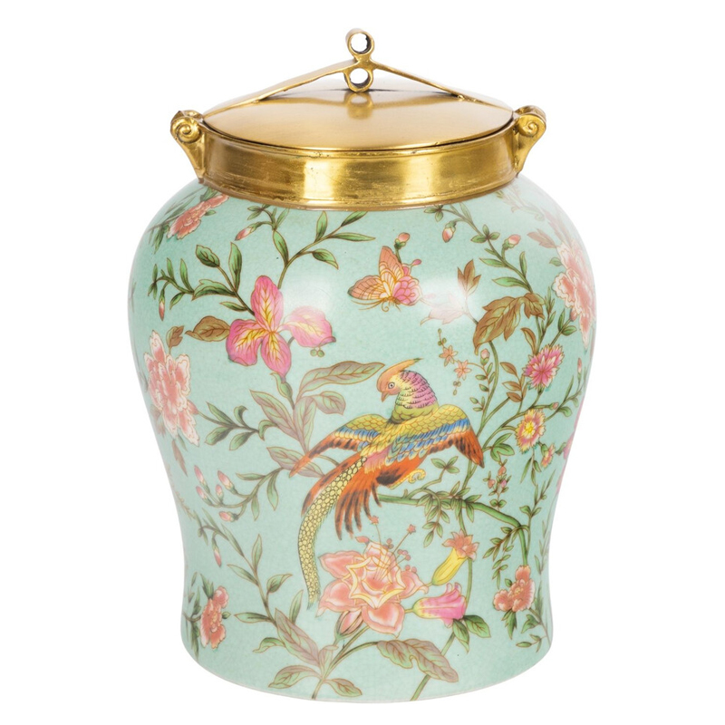Ваза округлой формы из фарфора с рисунком и бронзовой крышкой Turquoise Blooming Garden Мульти Бронза Бирюзовый Ваза округлой формы из фарфора с рисунком и бронзовой крышкой Turquoise Blooming Garden Мульти Бронза Бирюзовый в Костроме | Loft Concept