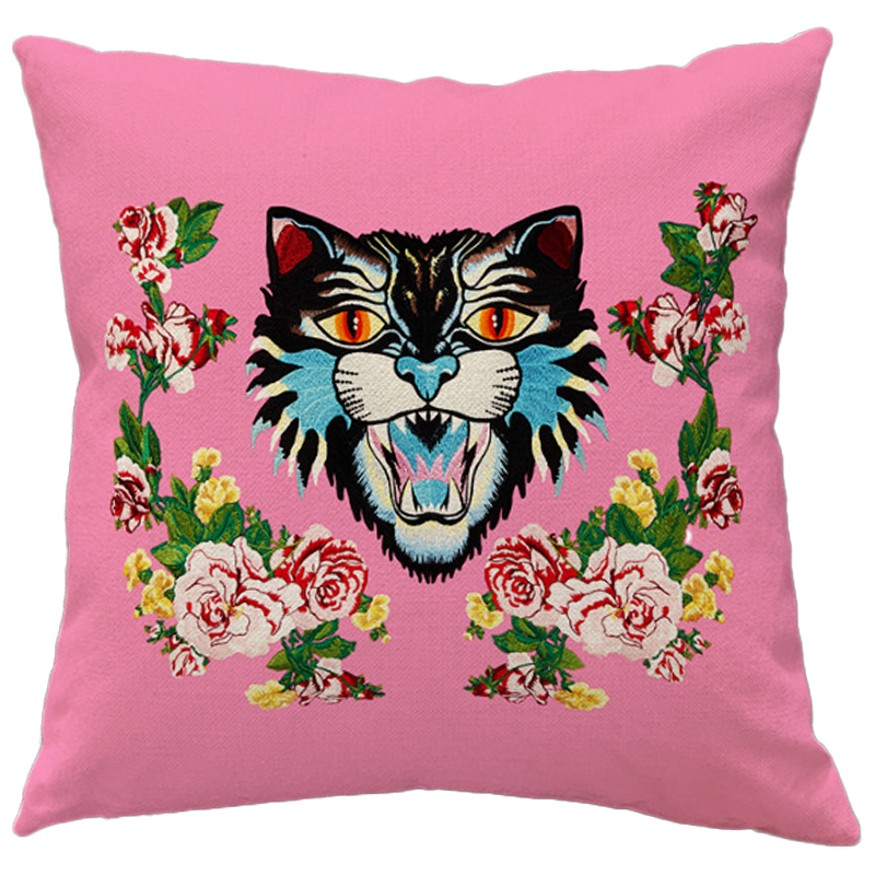 Декоративная подушка Стиль Gucci Cat Pink Розовый Мульти Декоративная подушка Стиль Gucci Cat Pink Розовый Мульти в Костроме | Loft Concept