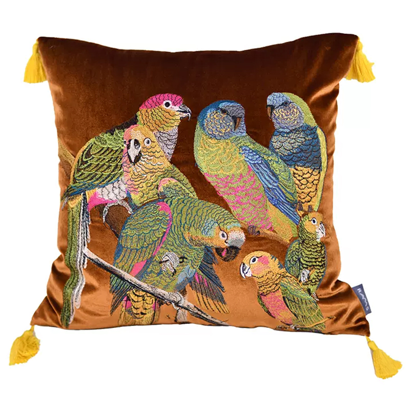 Декоративная подушка с вышивкой Embroidery Parrots Pillow Brown Коричневый Мульти Декоративная подушка с вышивкой Embroidery Parrots Pillow Brown Коричневый Мульти в Костроме | Loft Concept