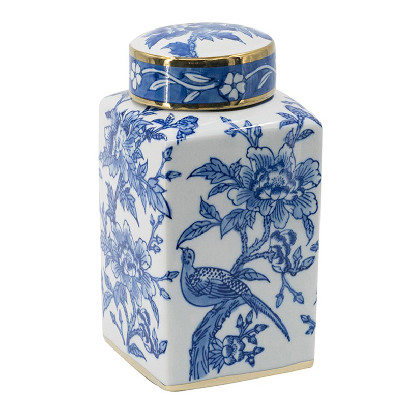 Ваза с крышкой Bird & Flowers Oriental Ornament Глянцевое золото Белый Синий Ваза с крышкой Bird & Flowers Oriental Ornament Глянцевое золото Белый Синий в Костроме | Loft Concept