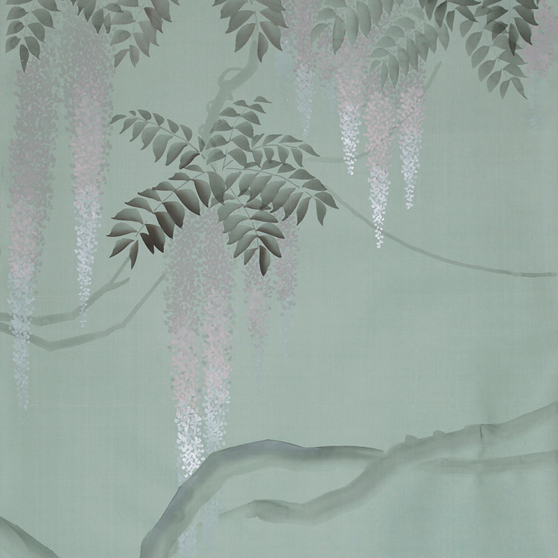 Обои в Японском стиле Wisteria Special Colourway on Blue Grey dyed silk Обои в Японском стиле Wisteria Special Colourway on Blue Grey dyed silk в Костроме | Loft Concept