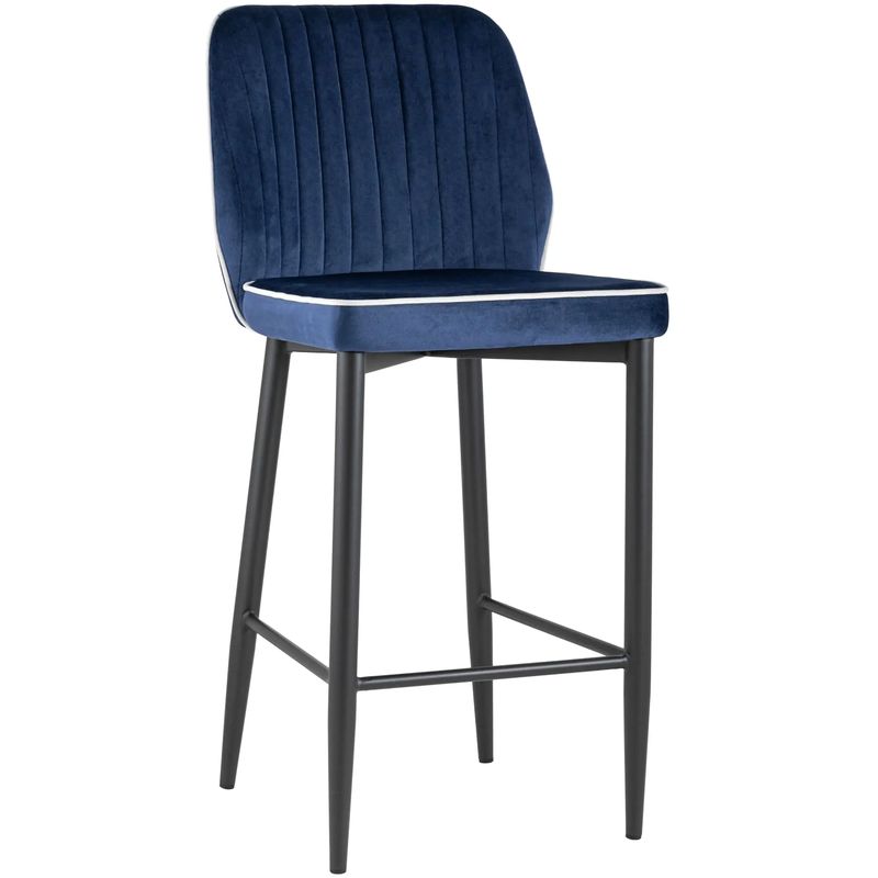 Барный Стул Lawrence Chair Синий Велюр Белый кант Синий Белый Черный Барный Стул Lawrence Chair Синий Велюр Белый кант Синий Белый Черный в Костроме | Loft Concept