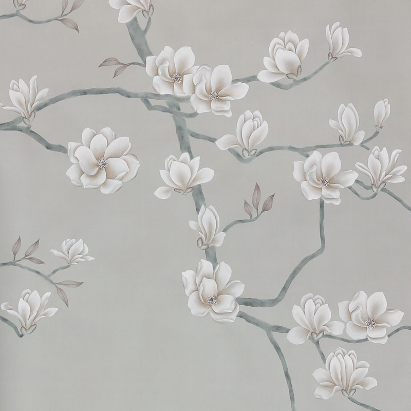 Обои ручная роспись Magnolia Canopy Original Colourway on Oyster Shell metallic silk Обои ручная роспись Magnolia Canopy Original Colourway on Oyster Shell metallic silk в Костроме | Loft Concept