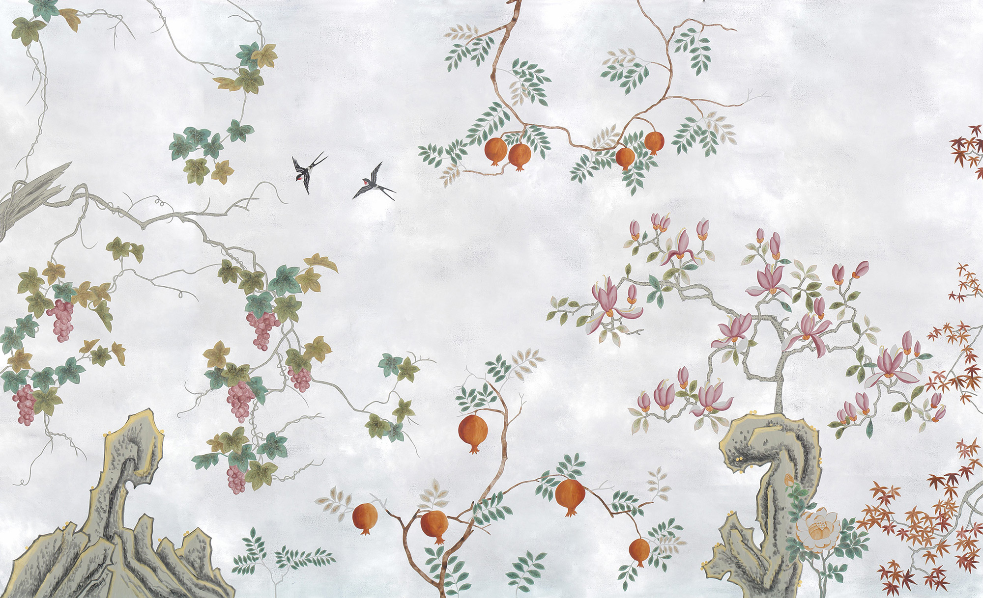 Обои ручная роспись Summer Night Blossom Original colourway on Ocean Silver gilded paper Обои ручная роспись Summer Night Blossom Original colourway on Ocean Silver gilded paper - постер Loft-Concept в Костроме