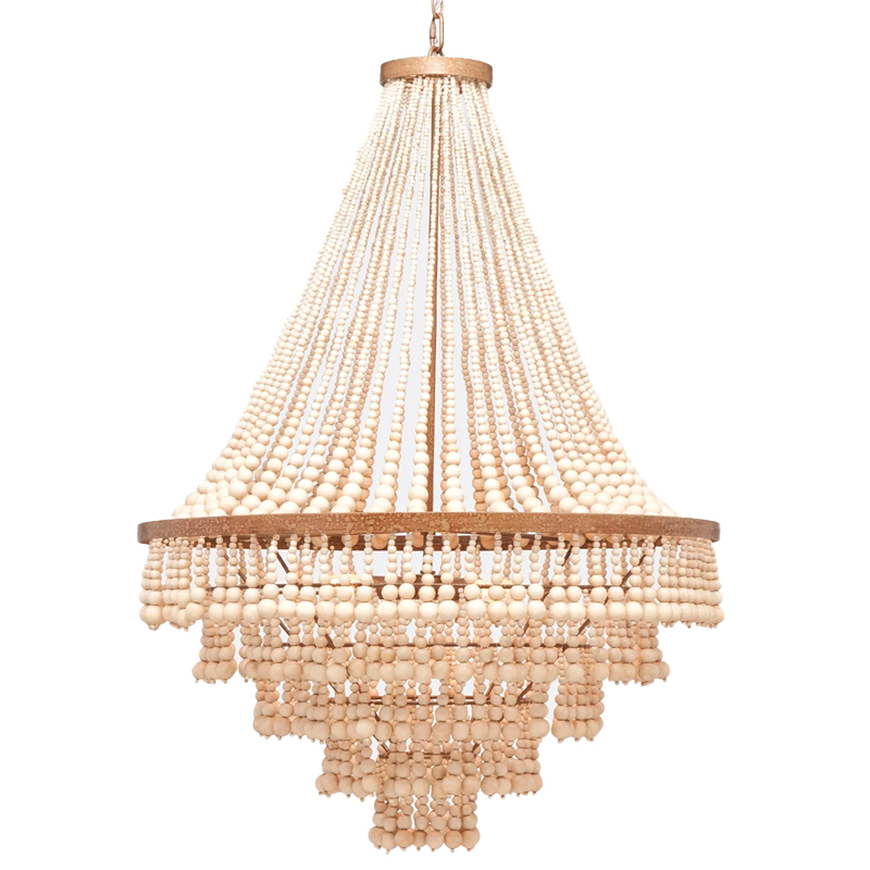 Многоярусная люстра украшенная круглыми деревянными бусами Wooden Beads Chandelier L Винтажная латунь Кремовый Многоярусная люстра украшенная круглыми деревянными бусами Wooden Beads Chandelier L Винтажная латунь Кремовый в Костроме | Loft Concept