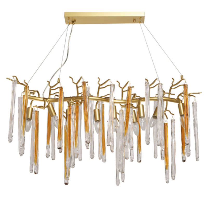 Люстра линейная золотого цвета с декоративными ветвями и длинными стеклянными подвесками в форме сосулек Droplet Chandelier Золотой Прозрачный в Костроме | Loft Concept 
