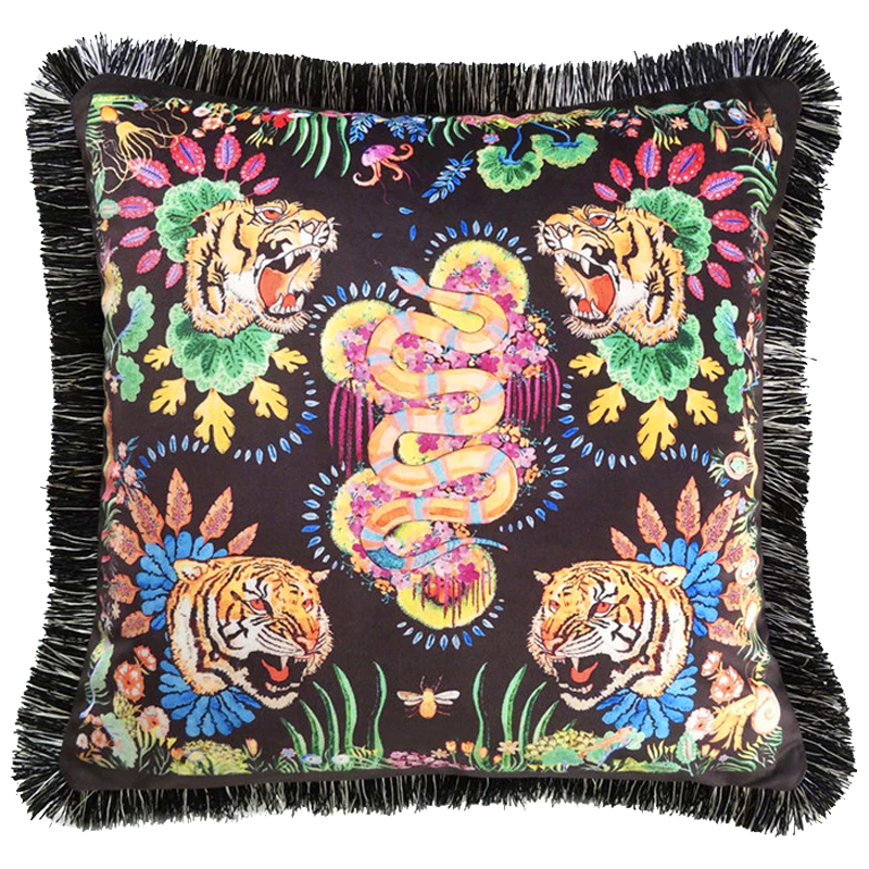 Декоративная подушка Cтиль Gucci Four Tigers and Micrurus Мульти Черный Декоративная подушка Cтиль Gucci Four Tigers and Micrurus Мульти Черный в Костроме | Loft Concept