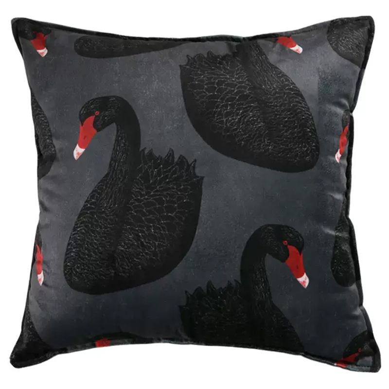 Декоративная подушка Black Swans Cushion Черная Черный Серый Красный в Костроме | Loft Concept 