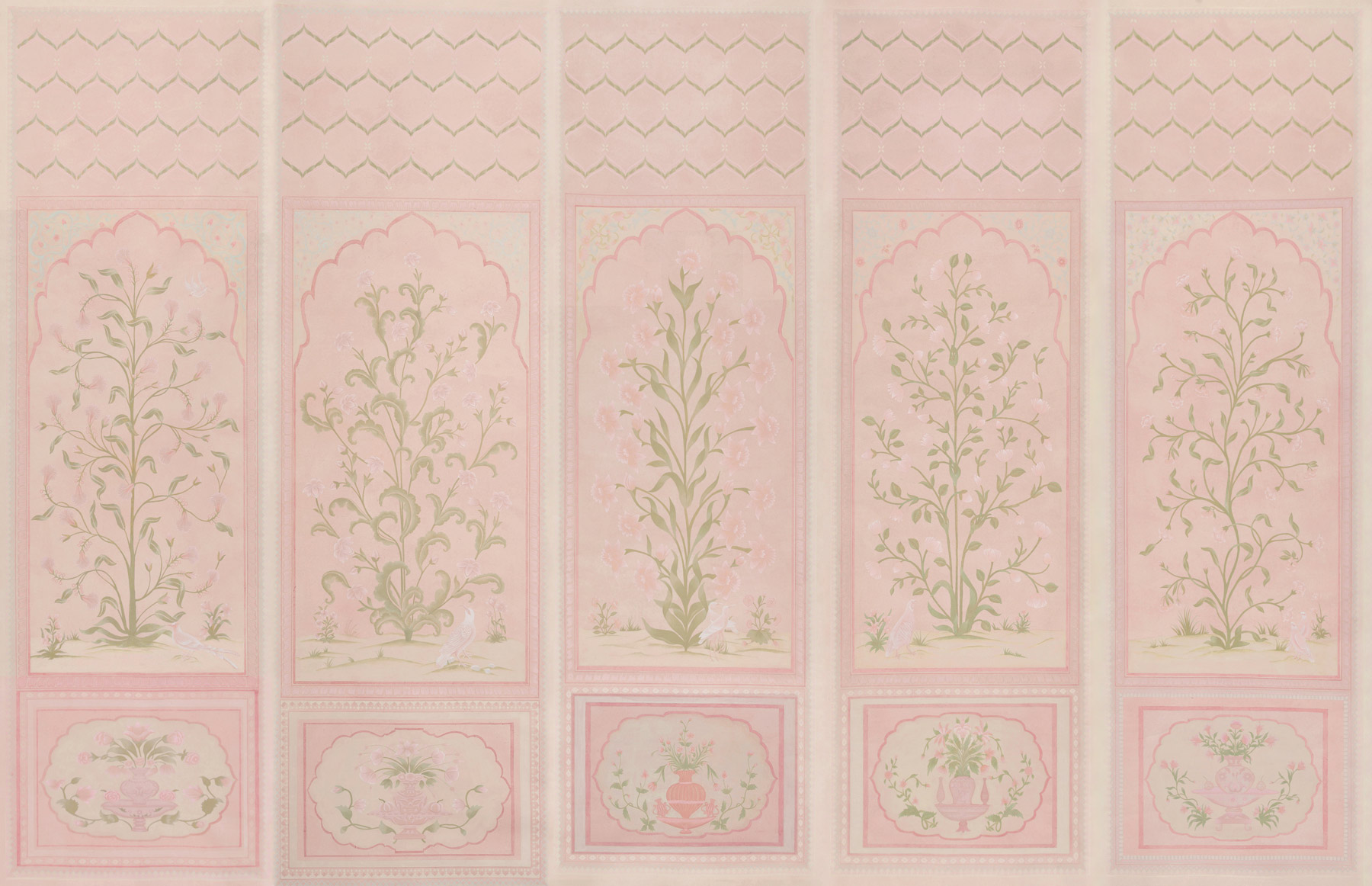 Обои ручная роспись Jharokha Arches Original colourway on pink painted Xuan paper Обои ручная роспись Jharokha Arches Original colourway on pink painted Xuan paper - постер Loft-Concept в Костроме
