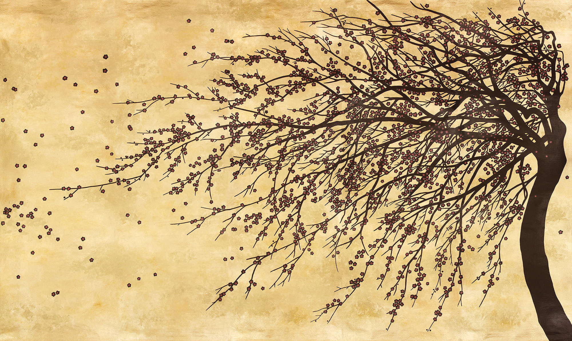 Обои ручная роспись Windswept Blossom Noir on Warm Gold gilded Xuan paper with pearlescent antiquing Обои ручная роспись Windswept Blossom Noir on Warm Gold gilded Xuan paper with pearlescent antiquing - постер Loft-Concept в Костроме