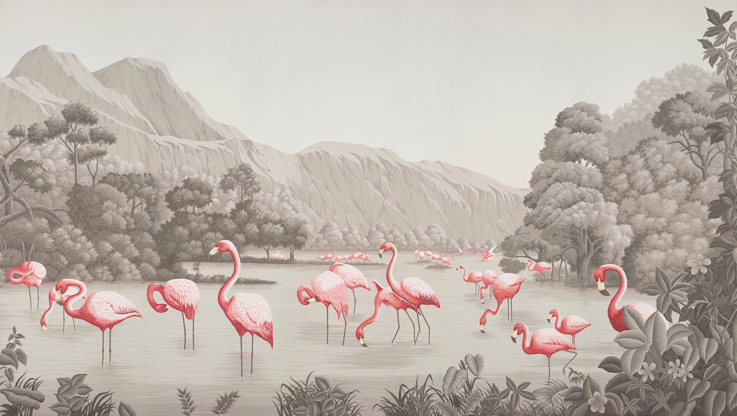 Обои ручная роспись Flamingos Flamingo on Eau Forte scenic paper Обои ручная роспись Flamingos Flamingo on Eau Forte scenic paper - постер Loft-Concept в Костроме