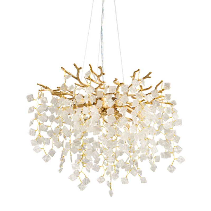 Люстра подвесная золотого цвета с декоративными ветвями и прозрачными рельефными подвесками FAIRYTREE Light Золотой Прозрачный в Костроме | Loft Concept 