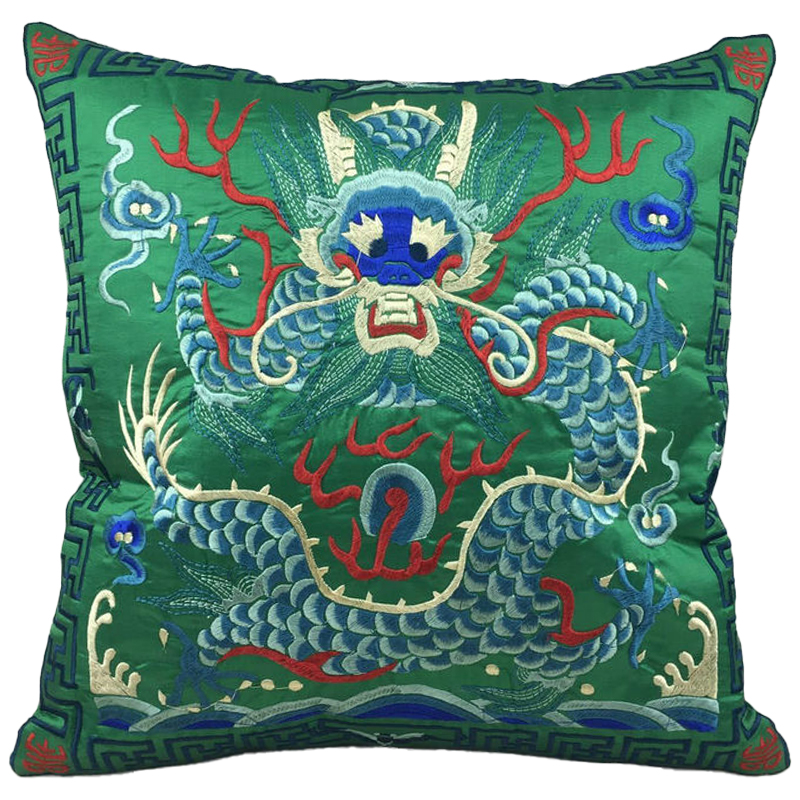 Декоративная подушка с вышивкой Chinese Dragon Green Зеленый Мульти Декоративная подушка с вышивкой Chinese Dragon Green Зеленый Мульти в Костроме | Loft Concept