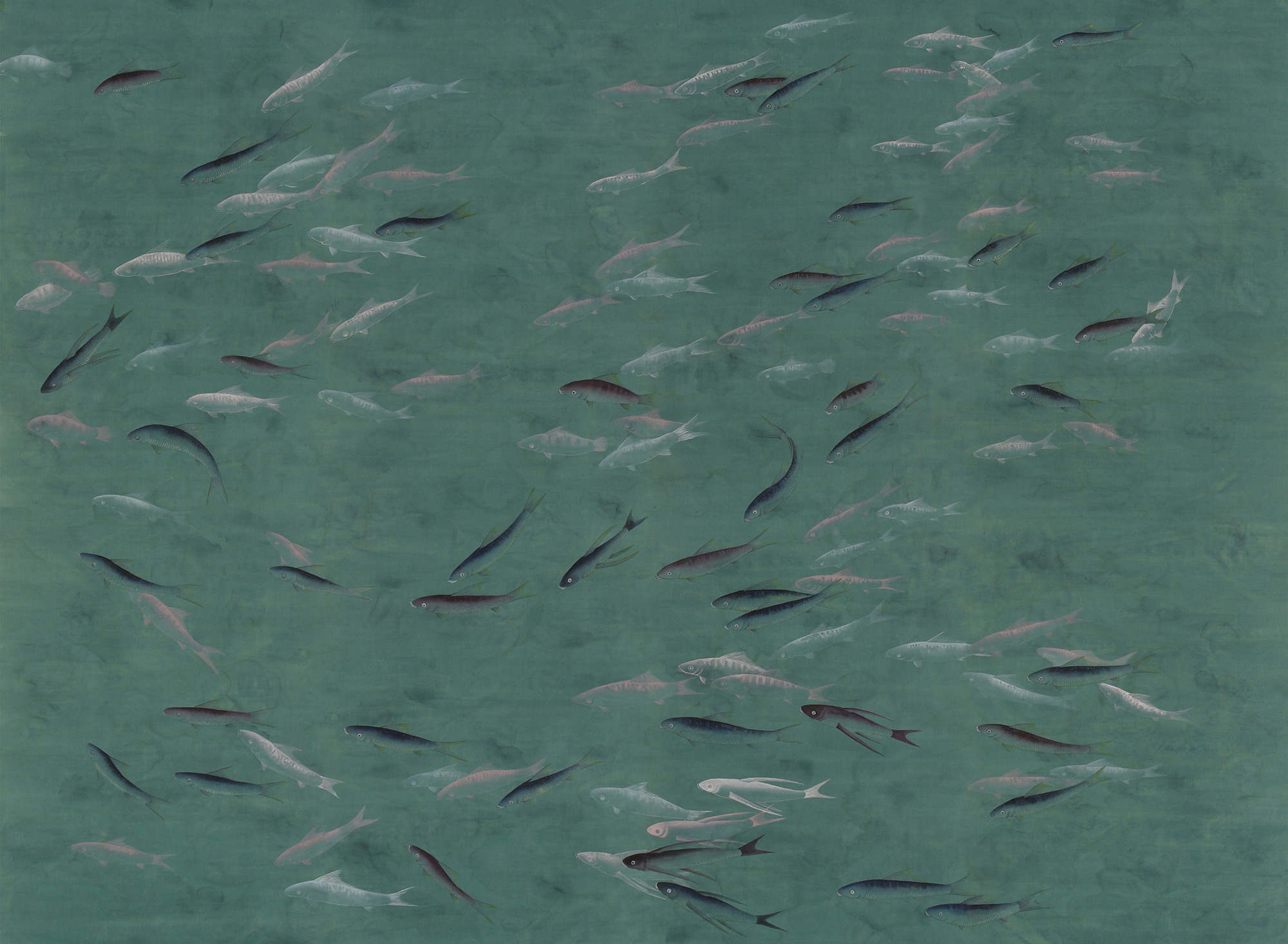 Обои ручная роспись Fishes Special Colourway on blue green painted silk with antiquing Обои ручная роспись Fishes Special Colourway on blue green painted silk with antiquing - постер Loft-Concept в Костроме