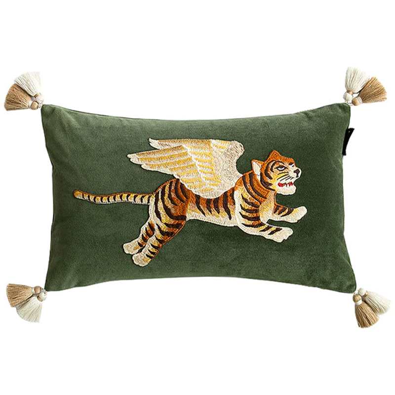 Декоративная подушка с вышивкой Стиль Gucci Winged Tiger Cushion Зеленый Оранжевый Золотой Декоративная подушка с вышивкой Стиль Gucci Winged Tiger Cushion Зеленый Оранжевый Золотой в Костроме | Loft Concept
