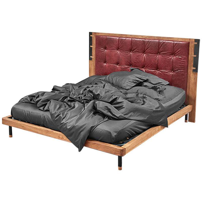Кровать деревянная с изголовьем из натуральной кожи Kearns Bed Древесина Бургундский красный Кровать деревянная с изголовьем из натуральной кожи Kearns Bed Древесина Бургундский красный в Костроме | Loft Concept