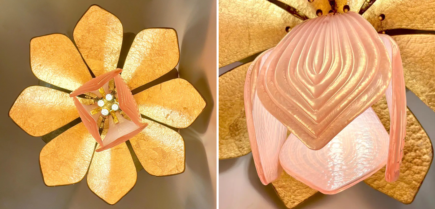 Люстра Contemporary Italian Brass Pink Gold Leaf Murano Glass Flower Chandelier Pendant - фото