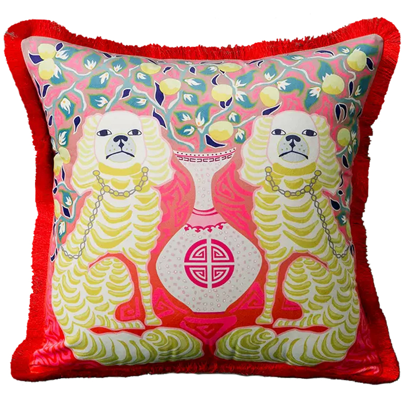 Декоративная подушка Two Dogs on Red Cushion Красный Желтый Мульти Декоративная подушка Two Dogs on Red Cushion Красный Желтый Мульти в Костроме | Loft Concept