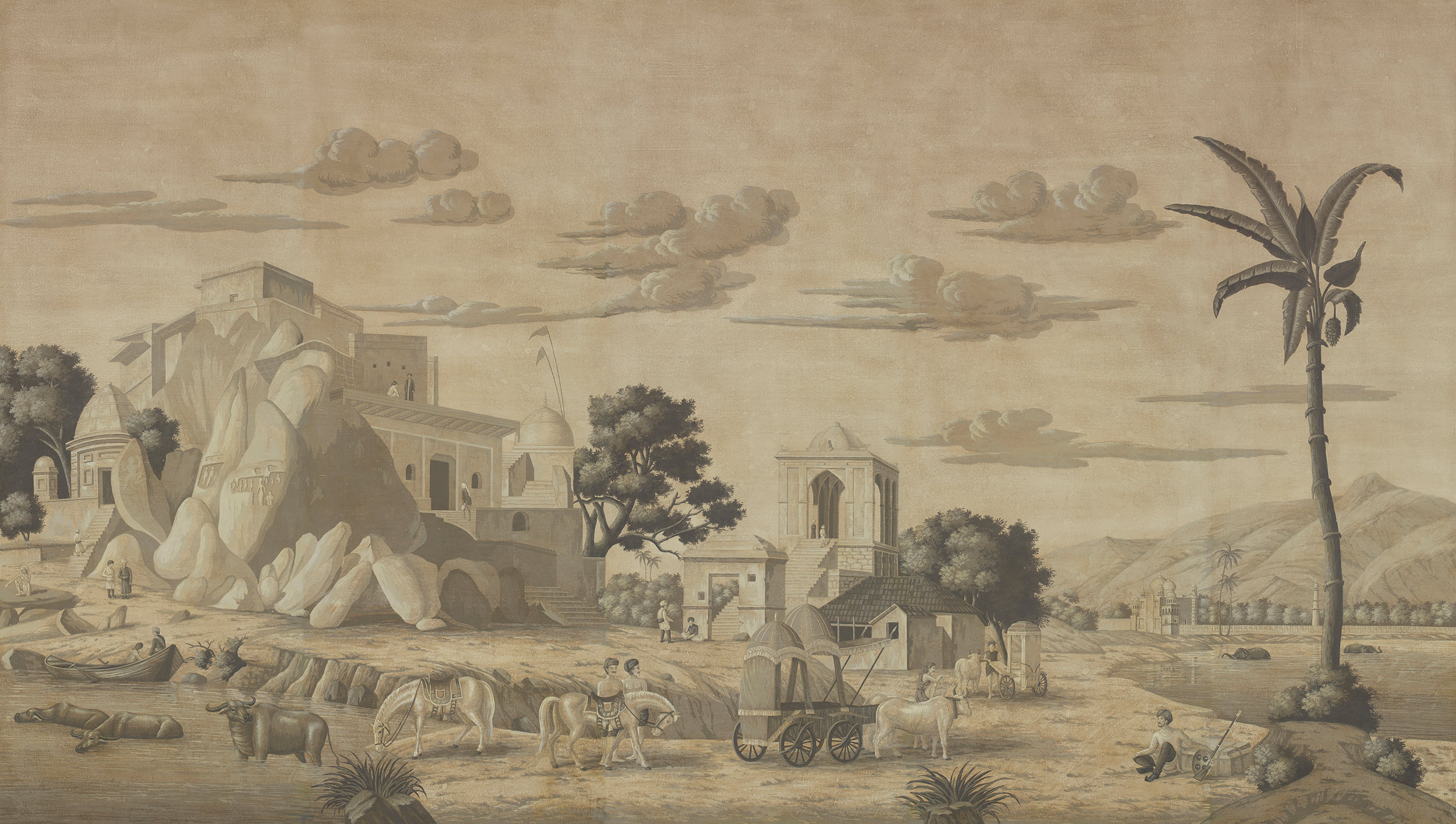 Обои ручная роспись Early Views of India Eau Forte on antique scenic Xuan paper Обои ручная роспись Early Views of India Eau Forte on antique scenic Xuan paper - постер Loft-Concept в Костроме
