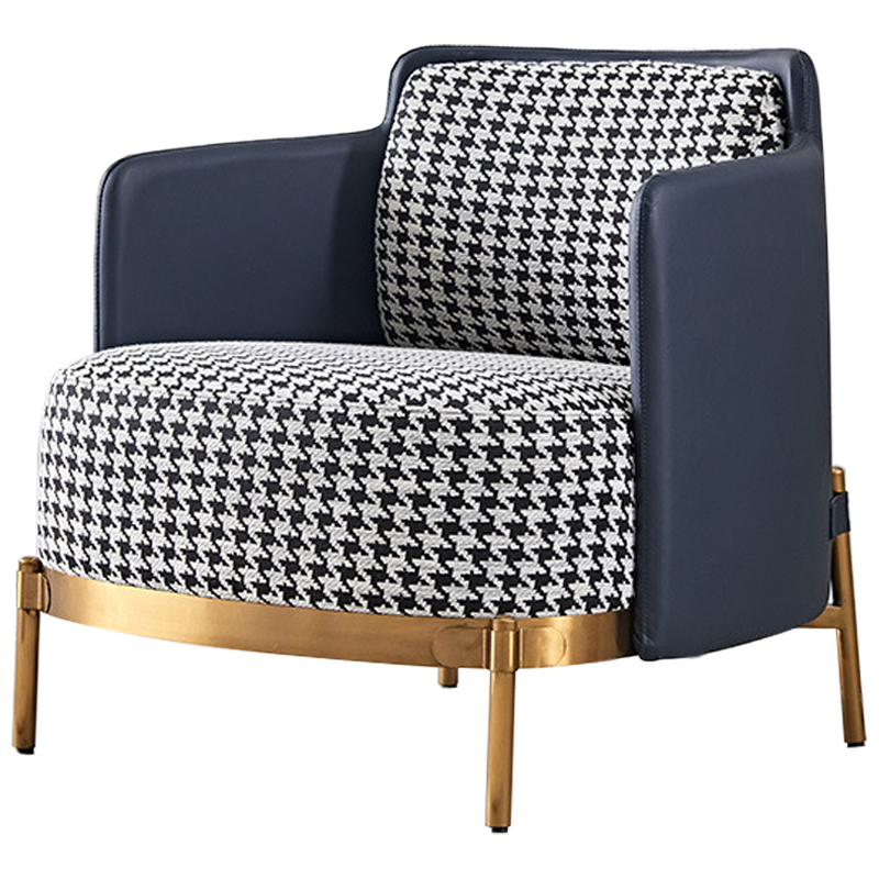 Кресло Pied de Poule Blue Armchair Синий Латунь Черно-белый Кресло Pied de Poule Blue Armchair Синий Латунь Черно-белый в Костроме | Loft Concept