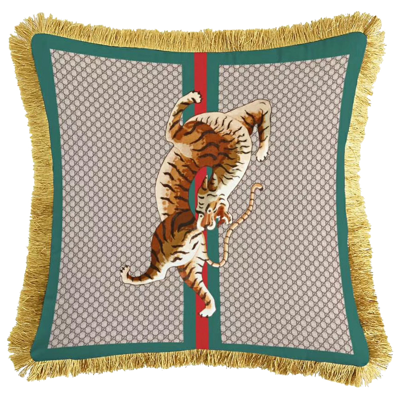 Декоративная подушка Cтиль Gucci Tiger Серый Зеленый Оранжевый Золотой Декоративная подушка Cтиль Gucci Tiger Серый Зеленый Оранжевый Золотой в Костроме | Loft Concept