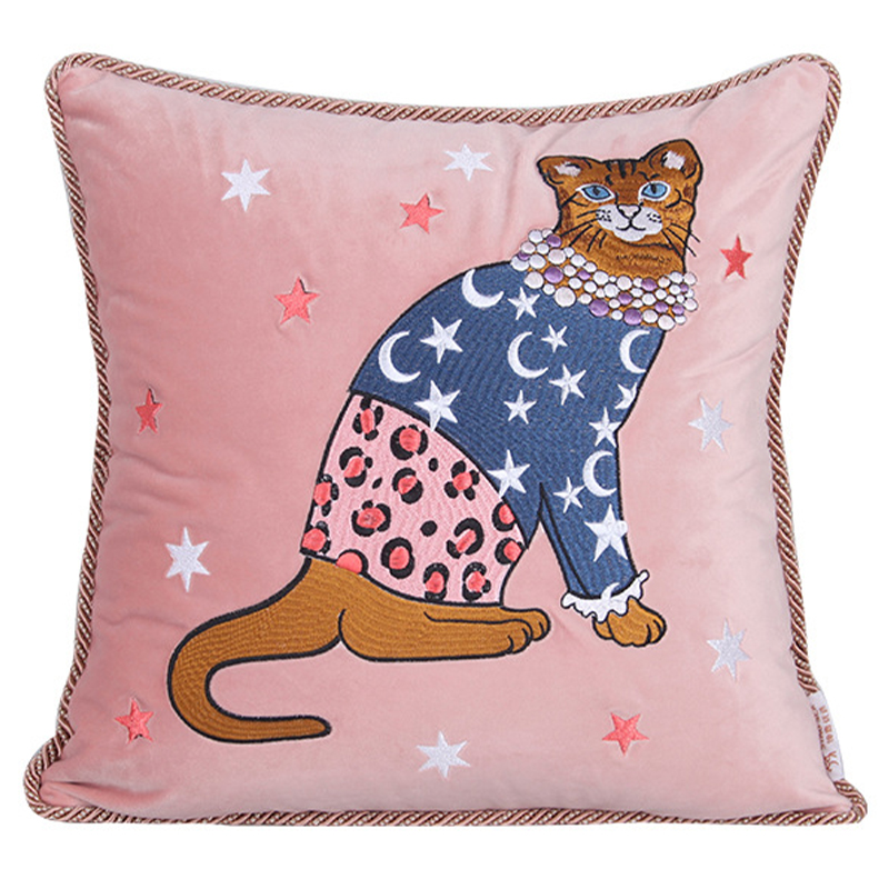 Декоративная подушка с вышивкой Magic Cat Embroidery Cushion Розовый Синий Оранжевый Мульти Декоративная подушка с вышивкой Magic Cat Embroidery Cushion Розовый Синий Оранжевый Мульти в Костроме | Loft Concept